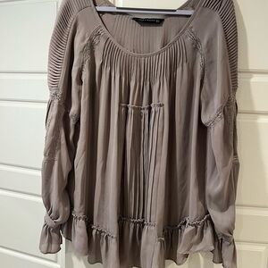 Zara Taupe Pleated Blouse with Lace Accents